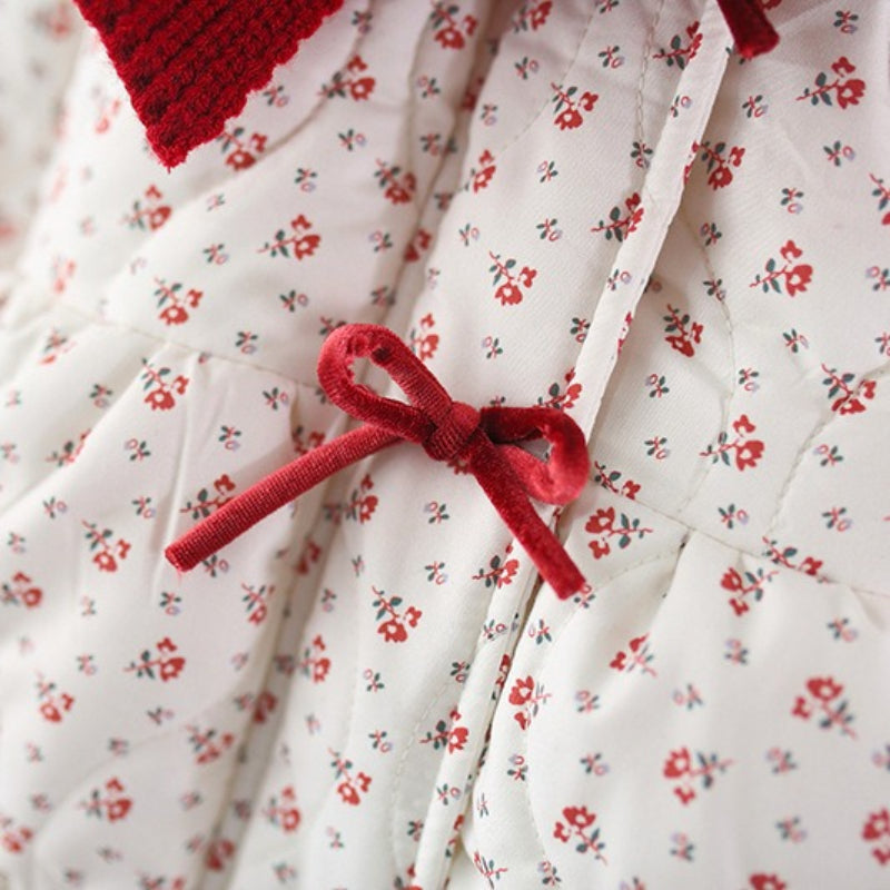 Girls' Winter Floral Print Scarf Hooded Cotton Coat