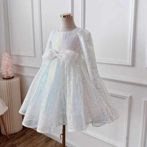 Elegant Baby Girls White Long Sleeve Sequin Bow Dress Toddler New Year's Formal Dress