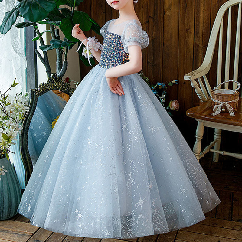 Elegant Baby Girls Blue Puff Sleeve Sequined Mesh Flower Girl Princess Dress Toddler Girls Pageant Dresses Elegant Baby Girls Blue Puff Sleeve Sequined Mesh Flower Girl Princess Dress Toddler Girls Pageant Dresses