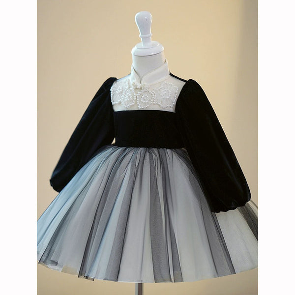 Elegant Baby Girls Black Button Catwalk Princess Dress Toddler Birthday Dresses