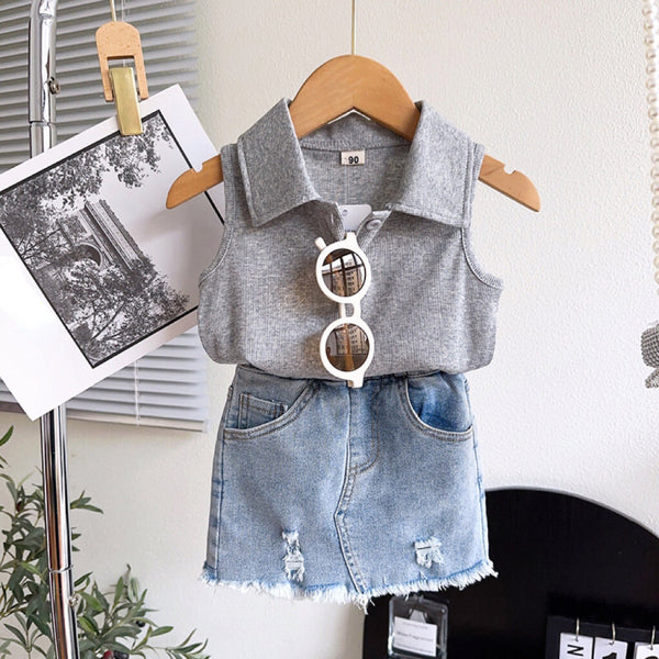Cute Baby Girl Gray Vest Loose Jeans Two Piece Set