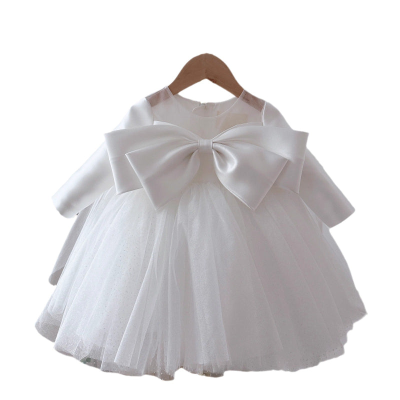 Cute Baby Long-sleeved Oversized Bow White Gauze Dress Toddler Birthday Princess Dress