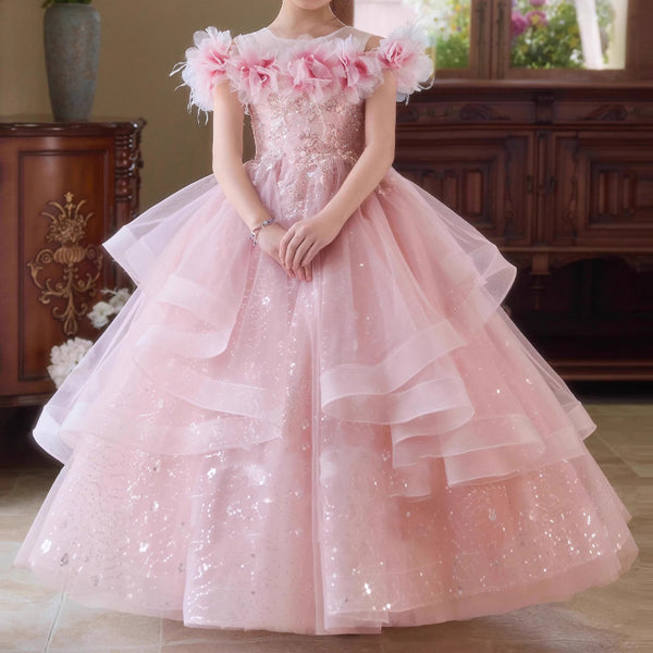Girls Pink Prom Princess Dress Girls Birthday Elegant Dress