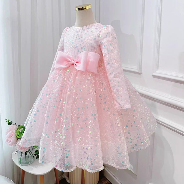 Sweet Baby Girls Sequined Long Sleeve Performance Dress Little Girl Dresses