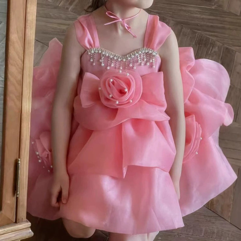 Children's Pink Rose Birthday Princess Dress Flower Girl Fluffy Dress