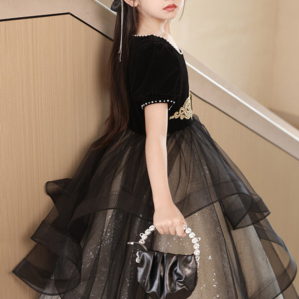 Elegant Baby Black Puff Sleeve Baptism Dresses Toddler Prom Dress