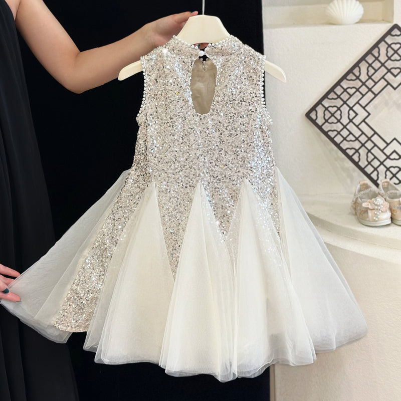 Summer Girls Birthday Dress Flower Girl Sequin Princess Dress, Beige / 7-8 Years (140cm) Summer Girls Birthday Dress Flower Girl Sequin Princess Dress, Beige / 7-8 Years (140cm)