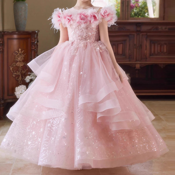 Girls Pink Prom Princess Dress Girls Birthday Elegant Dress