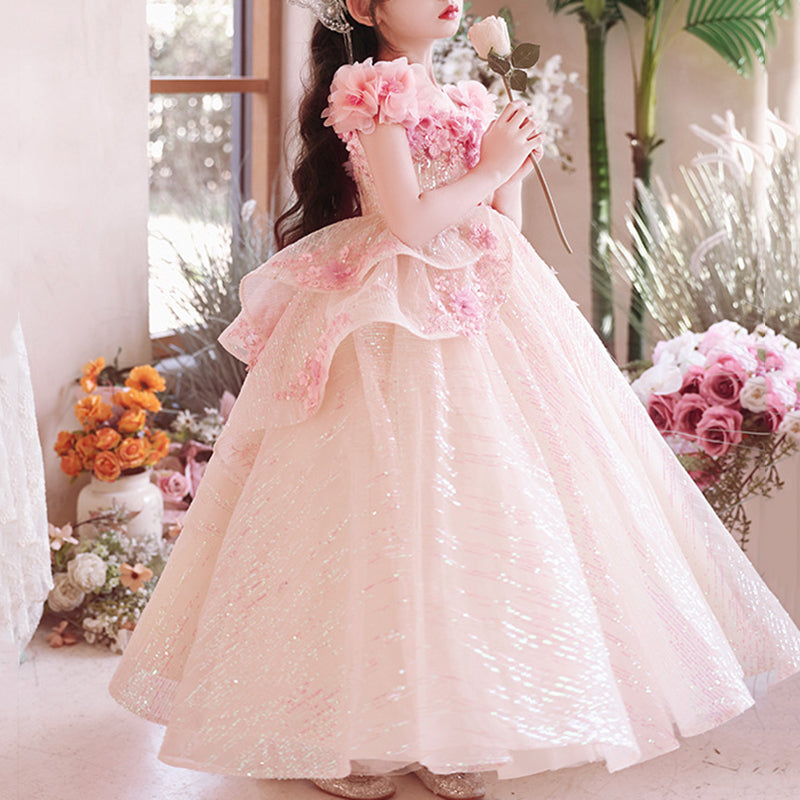 Flower Girl Dress Children Communion Pageant Elegant Cute Sequins Pink Princess Party Dress, Pink / 4-5 Years (120cm)