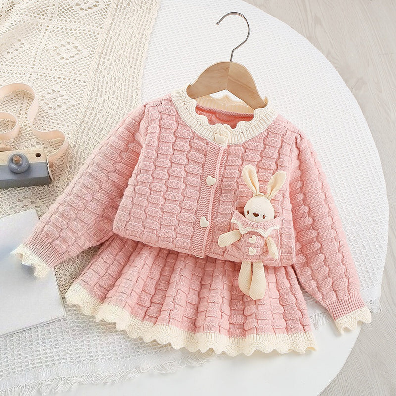 Girls' Cartoon Knitted Cardigan Short Skirt Two-Piece Set