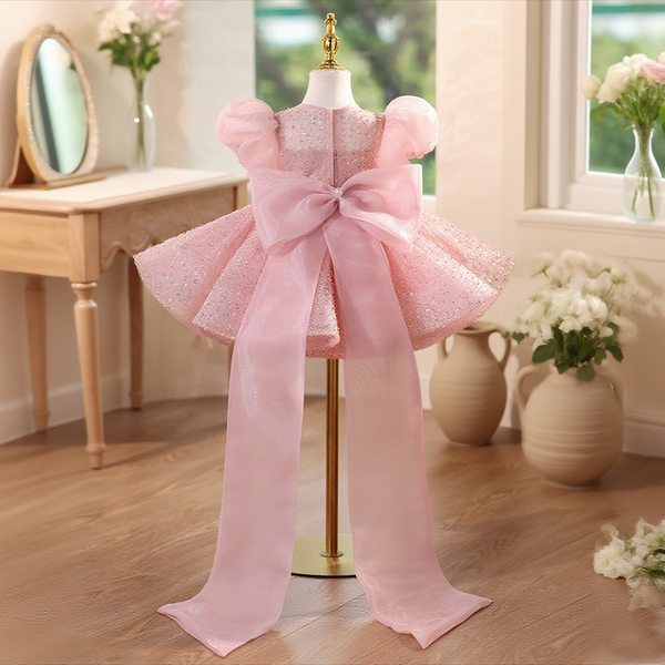 Children's Sequined Dress Flower Girl Wedding Puff Sleeve Dress Girl Birthday Princess Dress