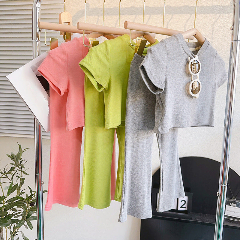 Cute Baby Girl Round Neck Short-sleeved Top Nine-quarter Wide-leg Pants Suit