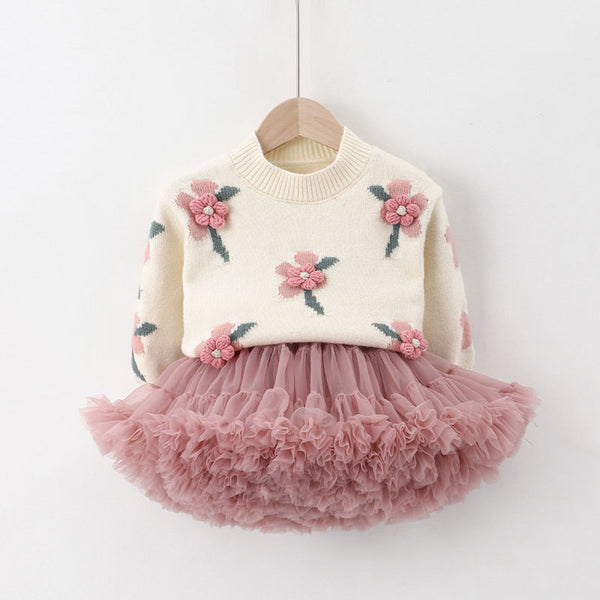 Girls Three-dimensional Flower Round Neck Sweater Bean Paste Color Tutu Skirt Suit