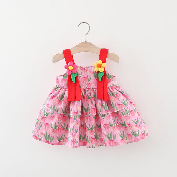 Baby Girl Tulip Print Suspender Sweet Dress