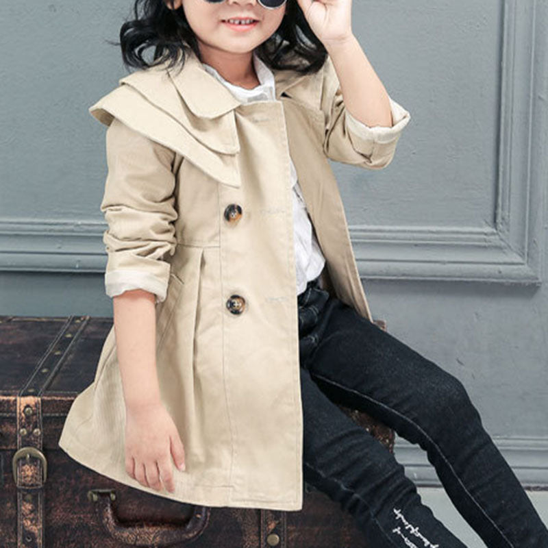 Children's Cute Spring and Autumn Lapel Long Sleeve Trench Coat