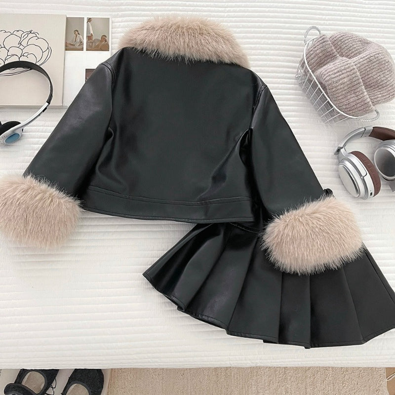 Girls' Winter PU Leather Pleated Skirt Two-Piece Set