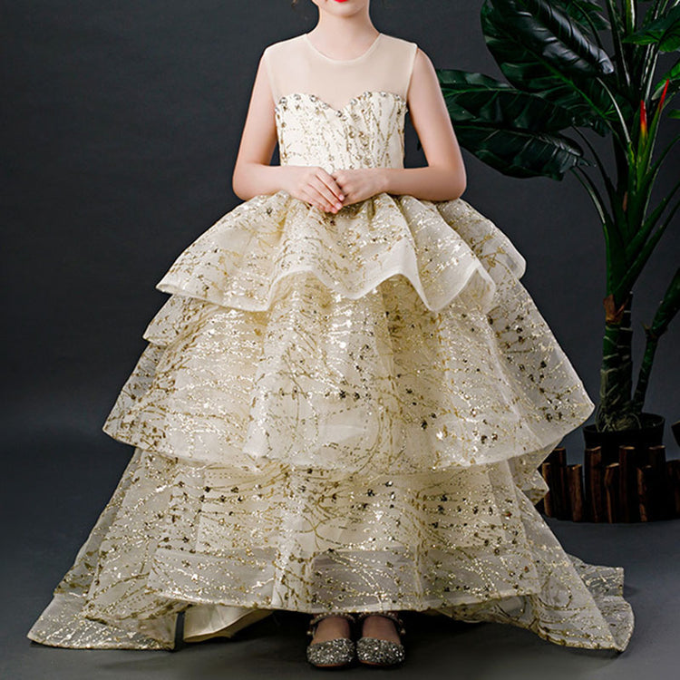 Baby Girl Wedding Dress Trailing Sequin Mesh Princess Dress