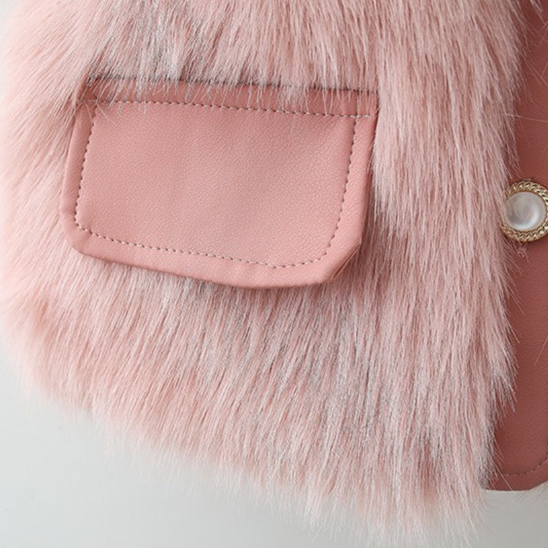 Girls' Winter Leather Pocket Single-Breasted Fur Vest