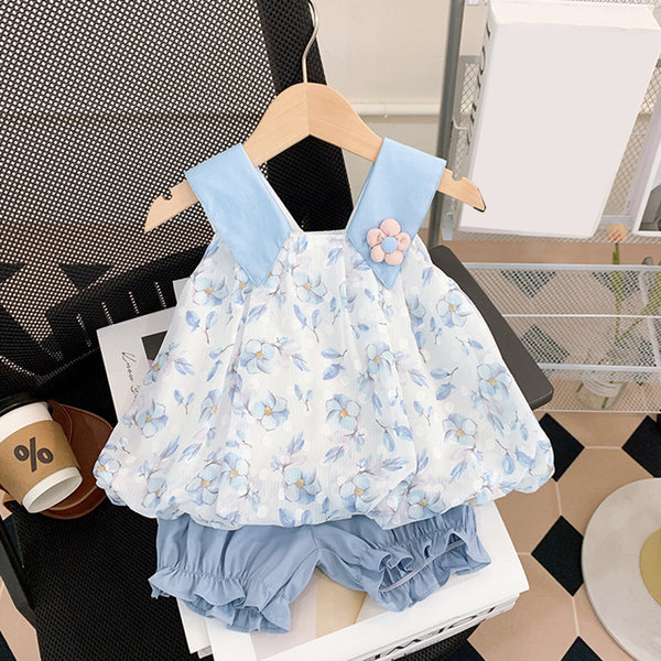 Blue Floral Sleeveless Vest and Pants Two-piece Set