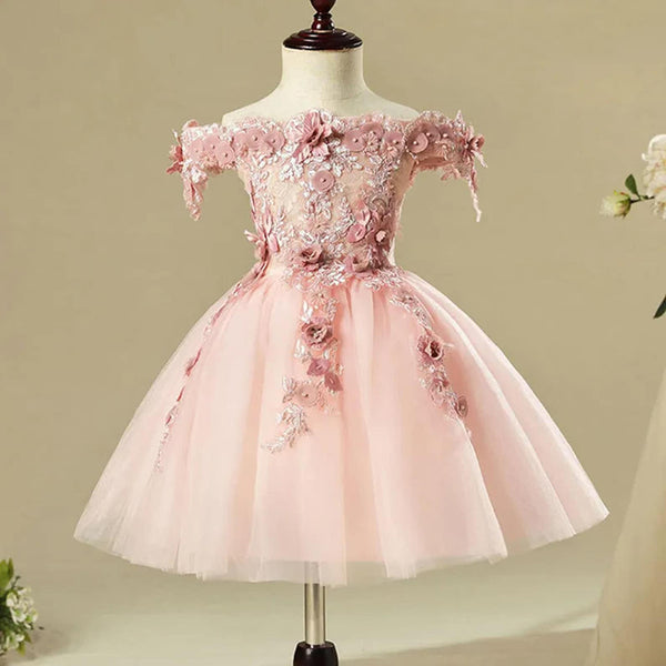 Cute Toddler Girl Lace Floral Pink Wedding Dress Girls Birthday Party Princess Dress