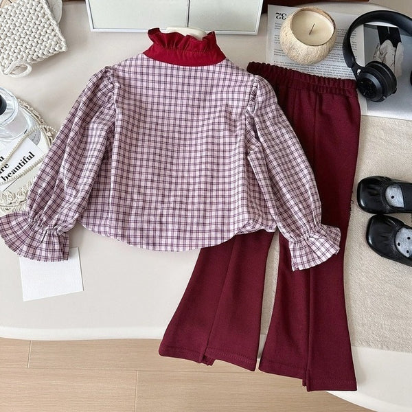 Girls' Stand Collar Plaid Babydoll Shirt and Flared Pants Two-Piece Set