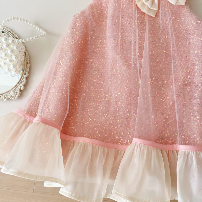Girls Summer Sleeveless Vest Bowknot Sequined Princess Dress