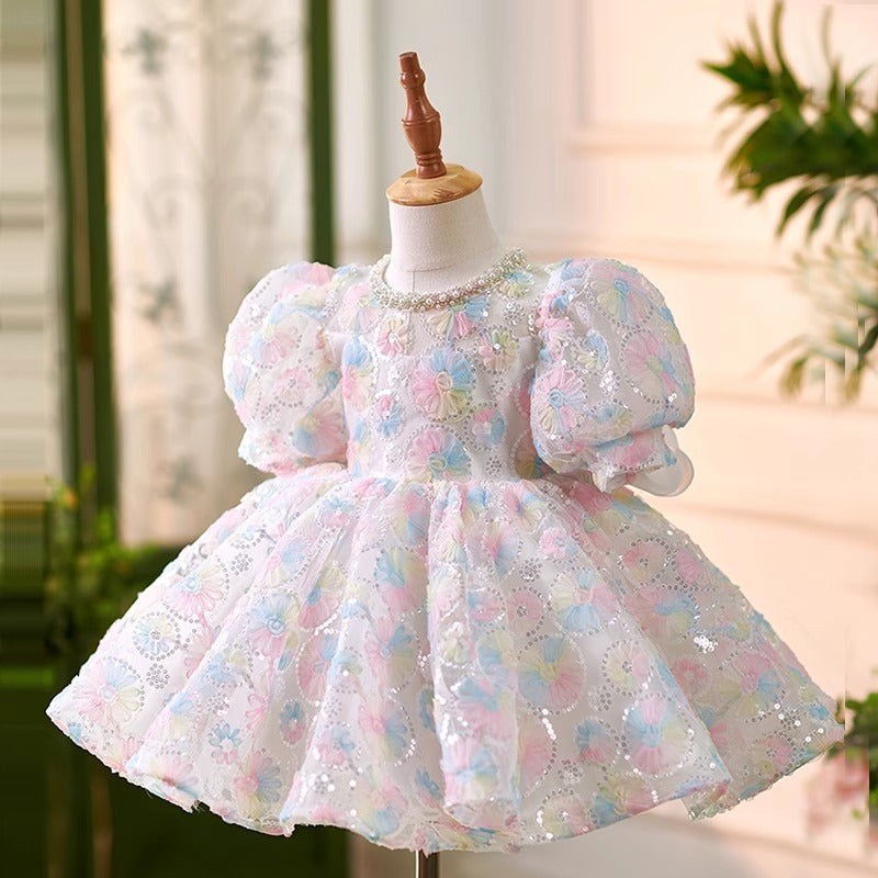 Elegant Baby Sequined Floral Puff Sleeve Flower Girl Dress Toddler Ball Gown