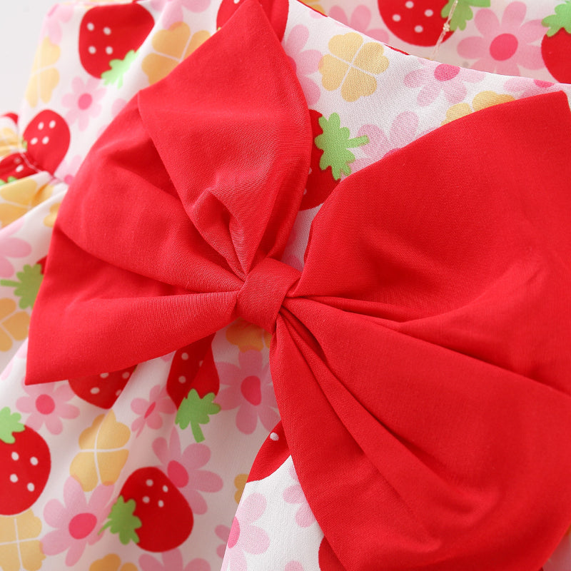 Summer Baby Girl Strawberry Print Bow-knot Suspender Suit