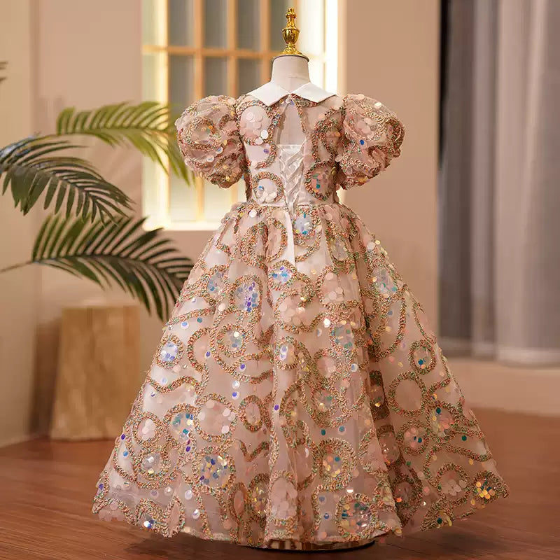 First Communion Dress Baby Girl Easter Dress Girl Summer Luxury Sequins Puff Sleeves Pageant Princess Dress