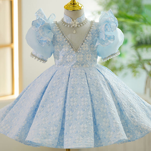 Baby Girl Pearl Neckline Puff Sleeves Flower Pageant Princess Dress