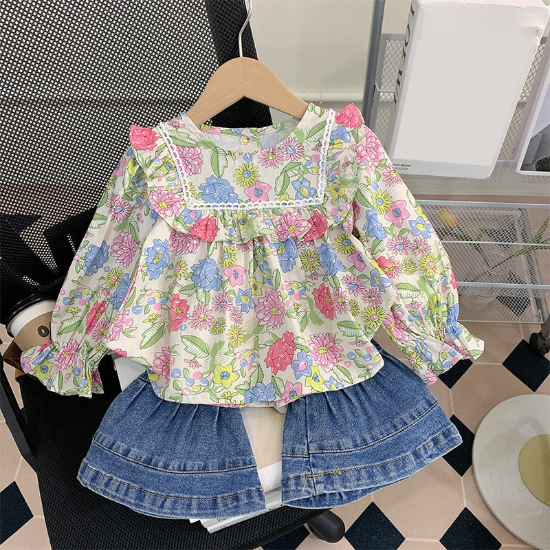 Floral Doll Collar Shirt Denim Bell Pants Suit