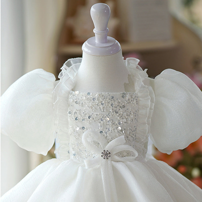 Elegant Baby White Sequin Puff Sleeve Mesh Princess Dress Toddler First Communion Dress