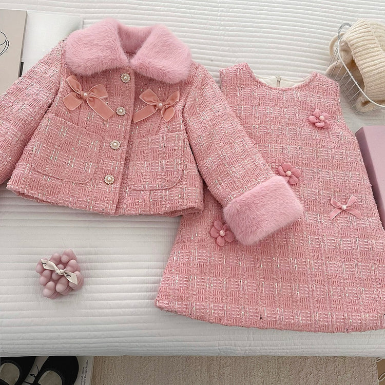 Girls New Winter Coat Vest Dress Two-piece Set
