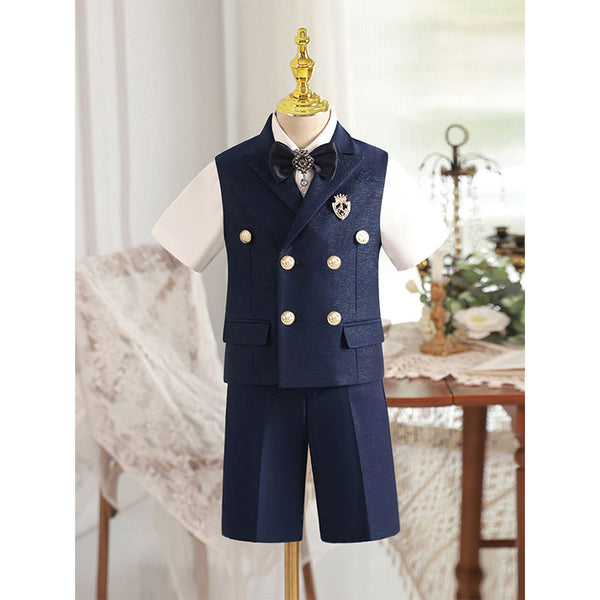 Boys Bow Tie Vest Double Breasted Waist Suit Set