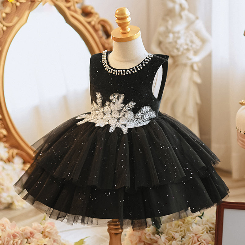 Baby Girl Dress Toddler Communion Party Dress Embroidery Birthday Black Princess Dress