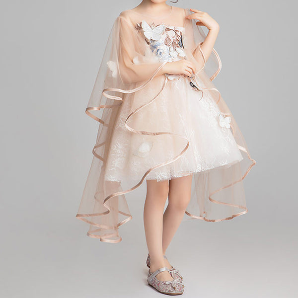 Elegant Baby Girl Champagne Butterfly Puffy Princess Dress Toddler Birthday Dress