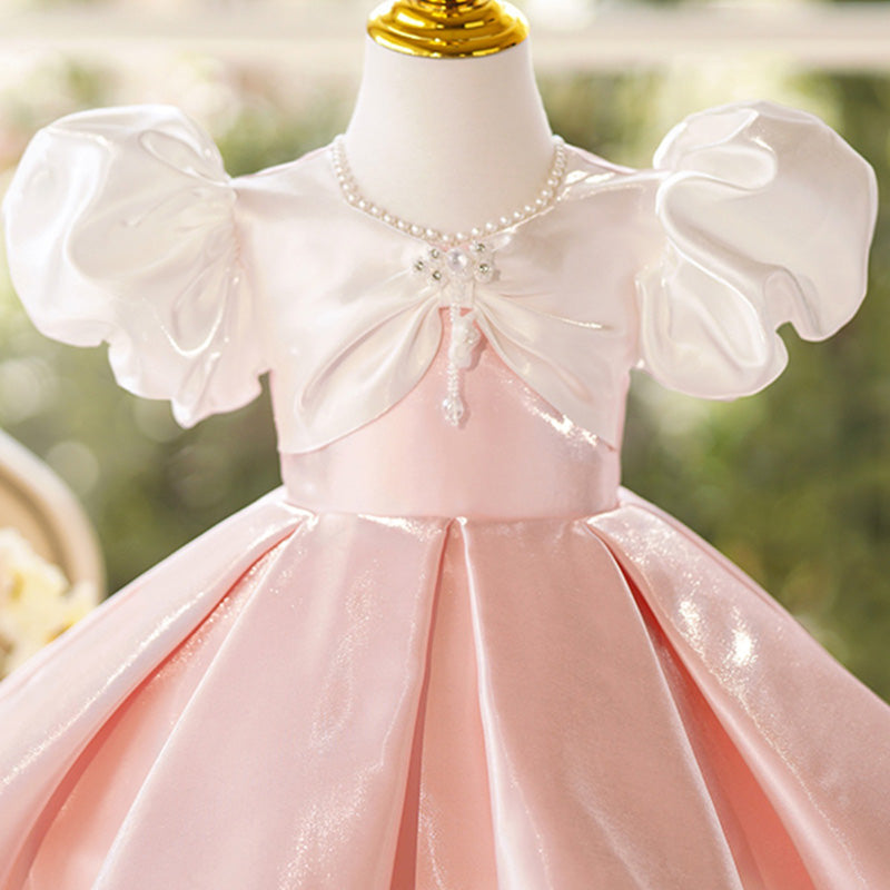 Cute Baby Girl Pink Flower Girl Wedding Puff Sleeve Bow Dress