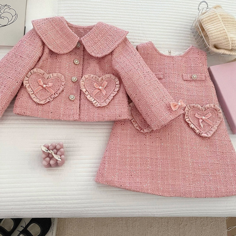 Girls' Winter Heart-Shaped Lace Coat Vest Dress Two-Piece Set
