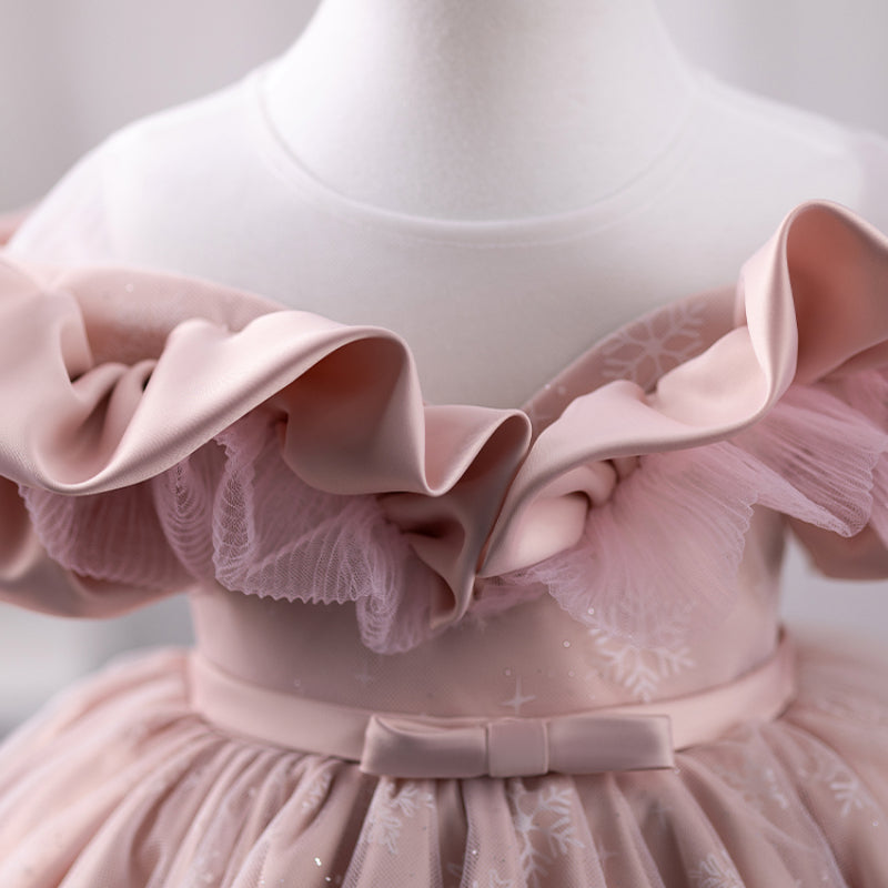 Elegant Baby Girls One Shoulder Pink Puffy Princess Dress Toddler Baptism Dresses