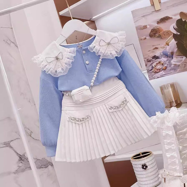 Blue Doll Collar Bow Shirt White Pleated Skirt Toddler Two Piece Set