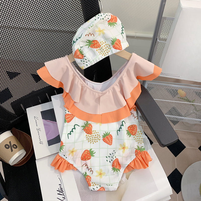 Girls Summer Cute Strawberry Princess One-Piece Swimsuit