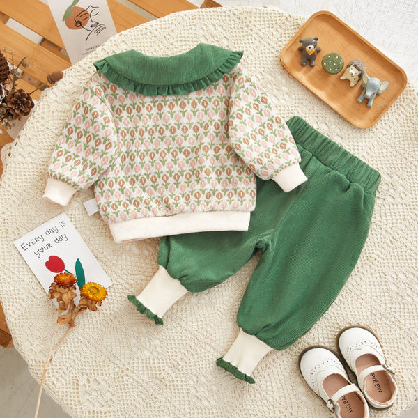 Baby Girl Green Doll Collar Small Flower Two-piece Set