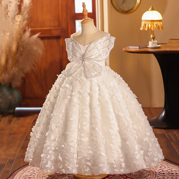 Elegant Baby White Butterfly First Communion Dress Toddler Ball Gowns