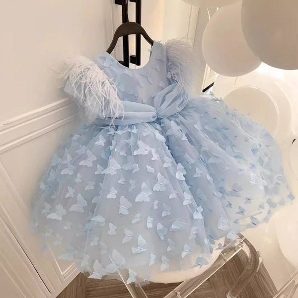 Cute Girl Blue Sleeveless Butterfly Mesh Dress for Toddlers One Year Old Princess Dress