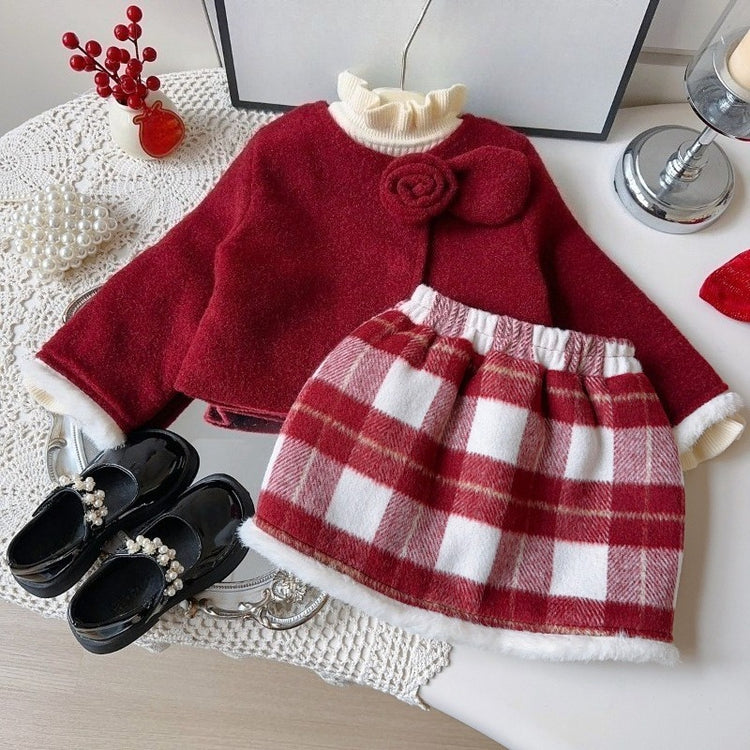 Winter Girls' Jacket and Plaid Skirt Two-Piece Set