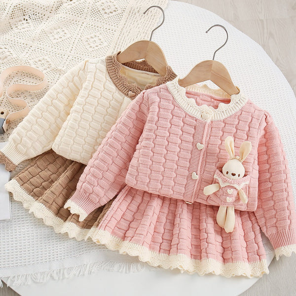 Girls' Cartoon Knitted Cardigan Short Skirt Two-Piece Set