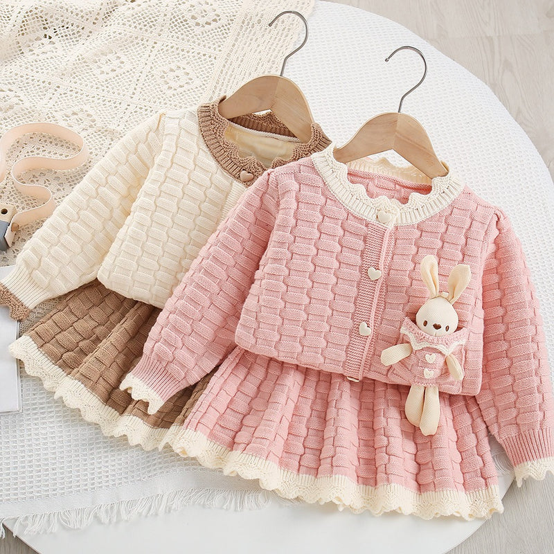 Girls' Cartoon Knitted Cardigan Short Skirt Two-Piece Set