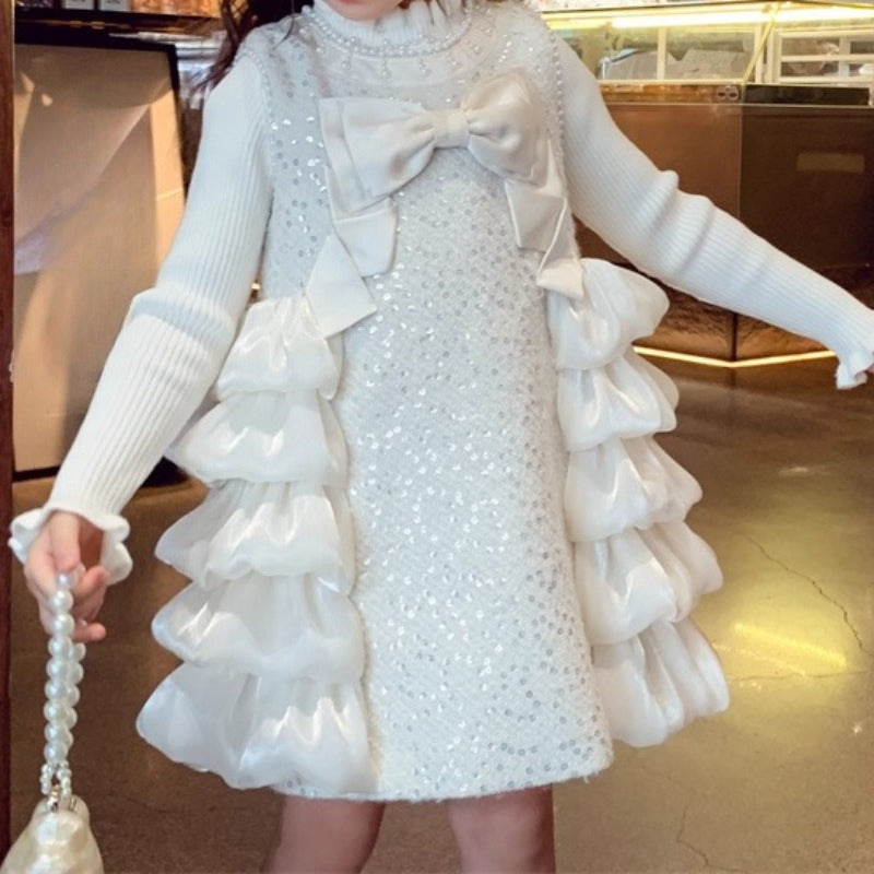 Girls Princess Base Layer Sweater Vest Dress Two-piece Set