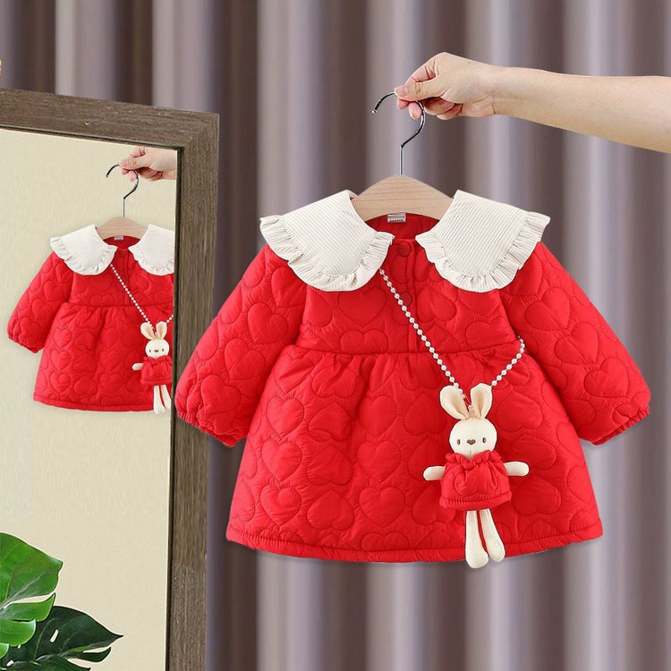Baby Girl Autumn And Winter Flower Coat Toddler Doll Collar Ruffles Sweet Warm Coat