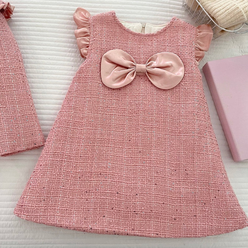 Girls' Winter Bow-Tie Coat Vest Dress Two-Piece Set
